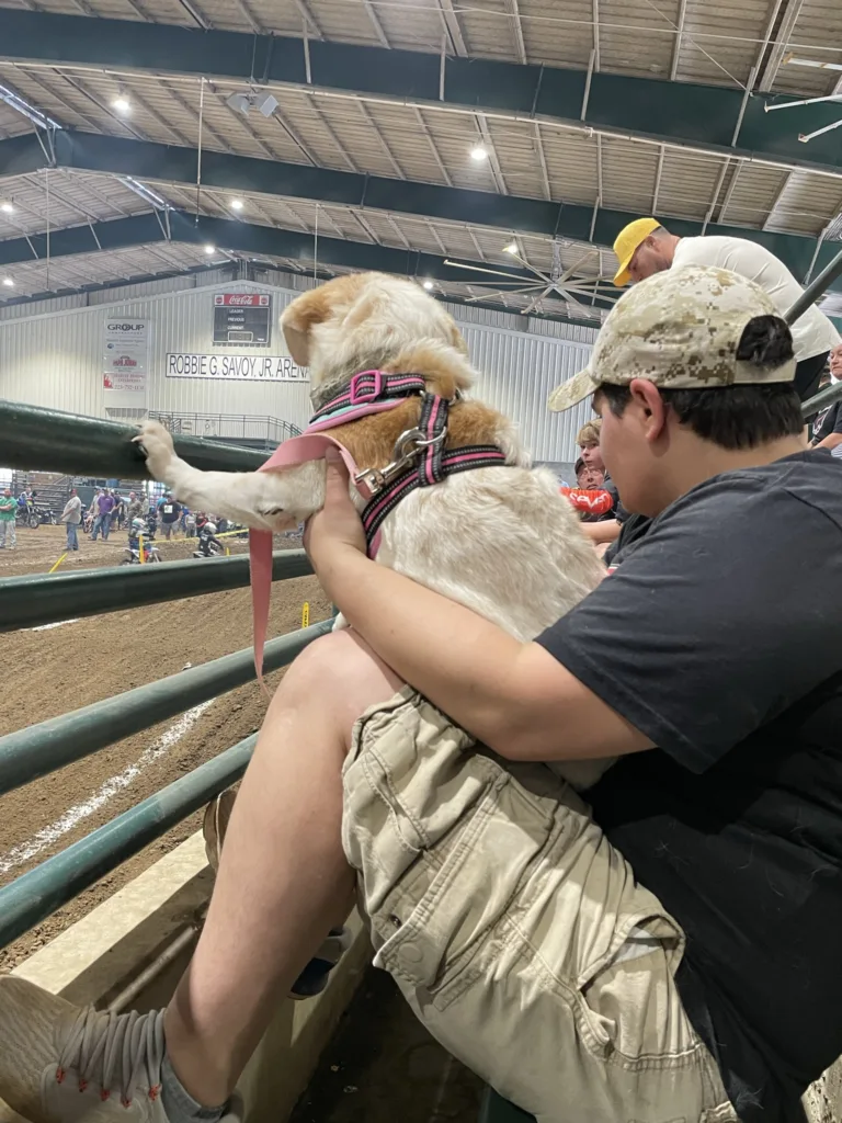 Deaf dog, Lily, enjoying Arenacross with her mom.